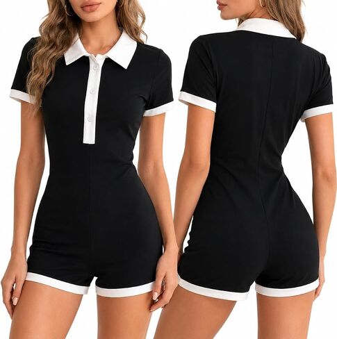 Fcteap Preppy Polo Romper for Women Contrast Collar Short Sleeve Button Casual One Piece Shorts Jumpsuit Cute Coquette Outfit in Saudi Arabia