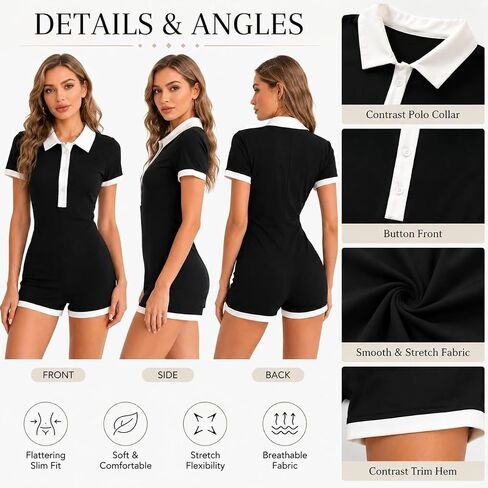 Fcteap Preppy Polo Romper for Women Contrast Collar Short Sleeve Button Casual One Piece Shorts Jumpsuit Cute Coquette Outfit in Saudi Arabia