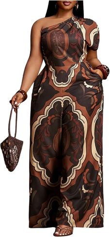 OYOANGLE Women's Plus Size Boho Wide Leg Jumpsuits Paisley Print Off the Shoulder Palazzo Jumpsuit with Pockets in Kuwait