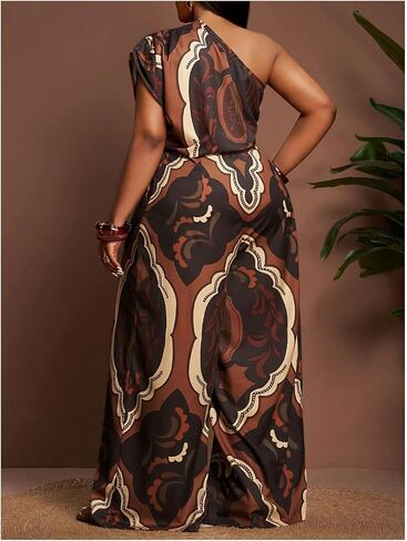 OYOANGLE Women's Plus Size Boho Wide Leg Jumpsuits Paisley Print Off the Shoulder Palazzo Jumpsuit with Pockets in Kuwait