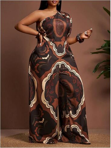 OYOANGLE Women's Plus Size Boho Wide Leg Jumpsuits Paisley Print Off the Shoulder Palazzo Jumpsuit with Pockets in Kuwait