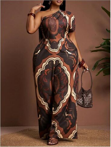 OYOANGLE Women's Plus Size Boho Wide Leg Jumpsuits Paisley Print Off the Shoulder Palazzo Jumpsuit with Pockets in Kuwait