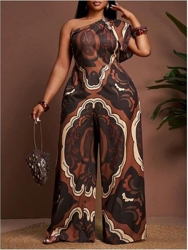 OYOANGLE Women's Plus Size Boho Wide Leg Jumpsuits Paisley Print Off the Shoulder Palazzo Jumpsuit with Pockets in Kuwait