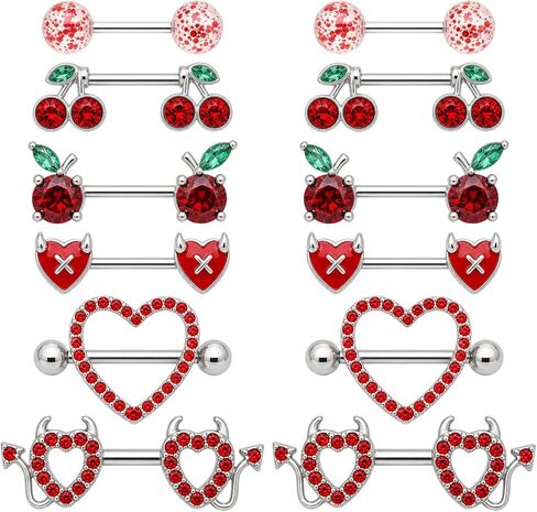 6 Pairs 14G Stainless Steel Nipple Rings Set Heart Cherry Nipple Barbells for Women Nipple Piercing Jewelry for Daily Wear Party in Saudi Arabia