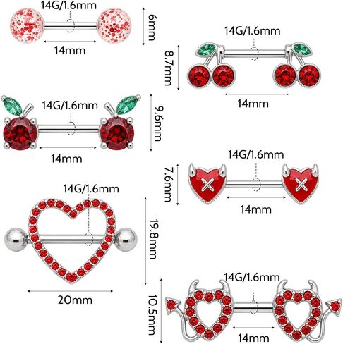 6 Pairs 14G Stainless Steel Nipple Rings Set Heart Cherry Nipple Barbells for Women Nipple Piercing Jewelry for Daily Wear Party in Saudi Arabia
