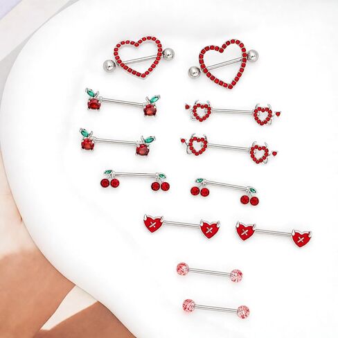 6 Pairs 14G Stainless Steel Nipple Rings Set Heart Cherry Nipple Barbells for Women Nipple Piercing Jewelry for Daily Wear Party in Saudi Arabia