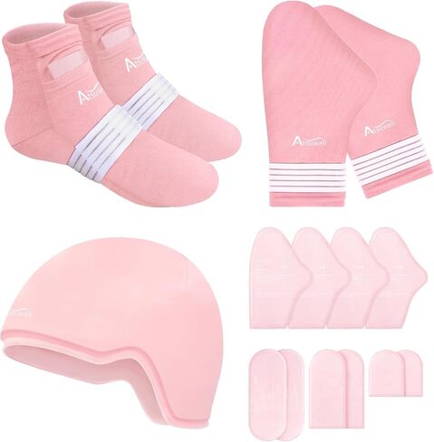 Atsuwell Chemo Cold Gloves Socks & Cap for Chemotherapy, Reusable Gel Ice Packs for Head Hands Feet Discomfort Relief, Cooling Chemo Must Haves for Women & Men, Pink, S/M in Saudi Arabia