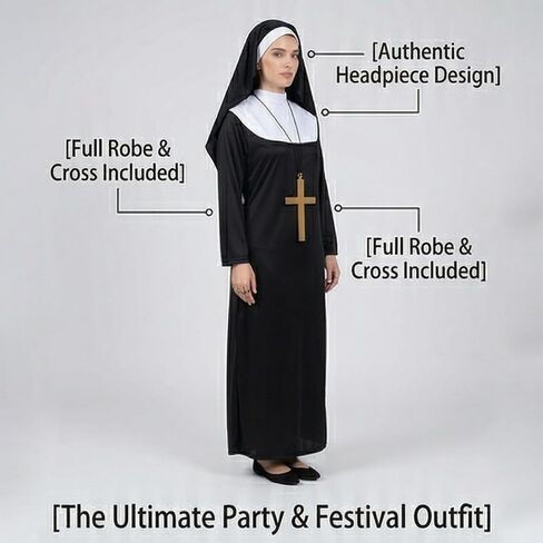 LKJ Halloween Nun Costume for Women Cosplay Costume Dress Outfit Nun Habit With Nun Hat&White Collar& Cross Pendant in Saudi Arabia