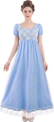 Regency Dress for Women Double Layer Lace Ruffled Puff Sleeve Empire Waist Vintage Victorian Tea Party Gown in Saudi Arabia