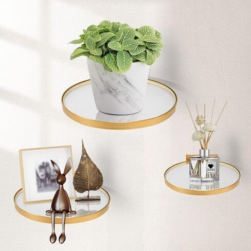 ZEXUIRU 3 Set Metal Glass Shelf for Wall Decor Bathroom Living Room Bedroom Kitchen Metal Mixed-Size, Decorative Glass Floating Wall-Mounted Tempered Shelf Rack Holder -Gold 7.8in/5.9in/3.9in in Saudi Arabia