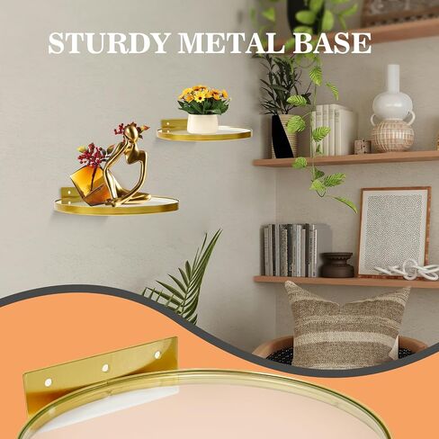ZEXUIRU 3 Set Metal Glass Shelf for Wall Decor Bathroom Living Room Bedroom Kitchen Metal Mixed-Size, Decorative Glass Floating Wall-Mounted Tempered Shelf Rack Holder -Gold 7.8in/5.9in/3.9in in Saudi Arabia