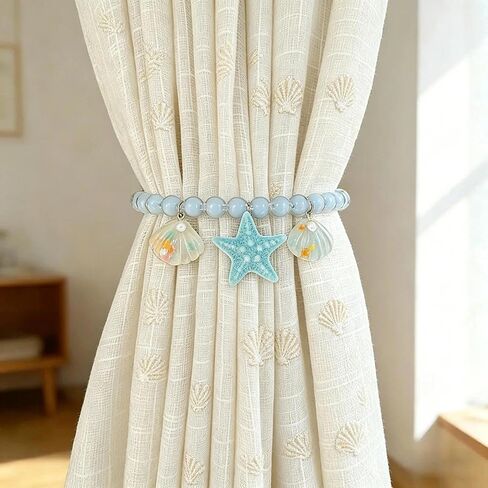 2 Pcs Ocean-Themed Curtain Tiebacks with Shell & Starfish Pendants - Beaded Holdbacks for Bedroom Living Room in Saudi Arabia