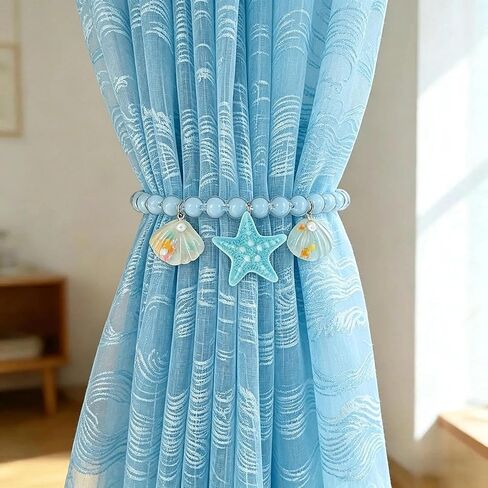 2 Pcs Ocean-Themed Curtain Tiebacks with Shell & Starfish Pendants - Beaded Holdbacks for Bedroom Living Room in Saudi Arabia