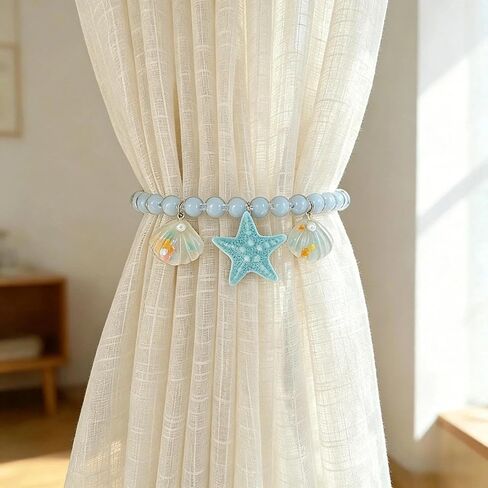 2 Pcs Ocean-Themed Curtain Tiebacks with Shell & Starfish Pendants - Beaded Holdbacks for Bedroom Living Room in Saudi Arabia