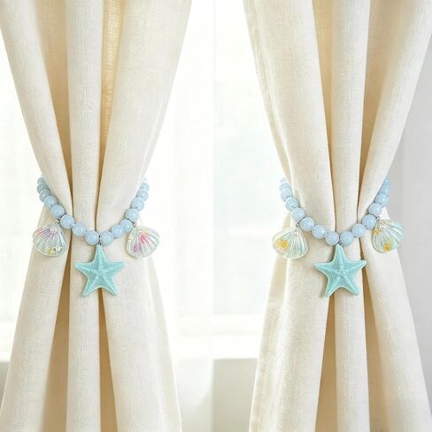 2 Pcs Ocean-Themed Curtain Tiebacks with Shell & Starfish Pendants - Beaded Holdbacks for Bedroom Living Room in Saudi Arabia
