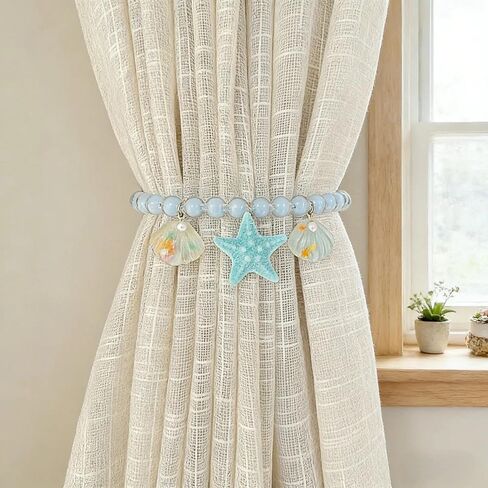 2 Pcs Ocean-Themed Curtain Tiebacks with Shell & Starfish Pendants - Beaded Holdbacks for Bedroom Living Room in Saudi Arabia