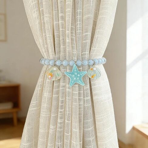 2 Pcs Ocean-Themed Curtain Tiebacks with Shell & Starfish Pendants - Beaded Holdbacks for Bedroom Living Room in Saudi Arabia