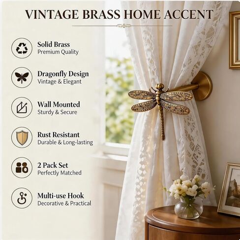 2 Pack Brass Dragonfly Curtain Holdbacks, Decorative Curtain Tiebacks Wall Mount Curtain Ties, Elegant Drape Hooks，for Home Bedroom Window Decor in Saudi Arabia