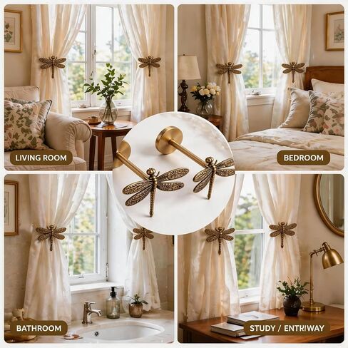 2 Pack Brass Dragonfly Curtain Holdbacks, Decorative Curtain Tiebacks Wall Mount Curtain Ties, Elegant Drape Hooks，for Home Bedroom Window Decor in Saudi Arabia