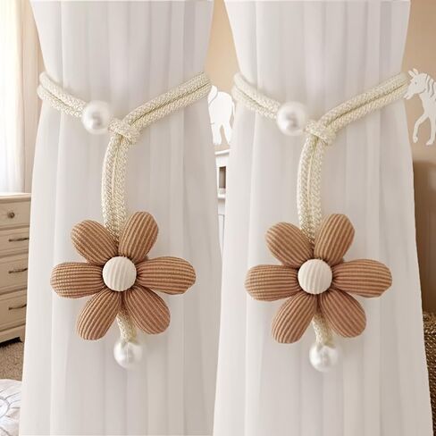 2pcs/1pc 3D Flower Pearl Curtain Tiebacks, Room Decor Mosquito Net Storage Straps, Door Curtain Coffee Screen Ties (2pcs-Beige) in Kuwait