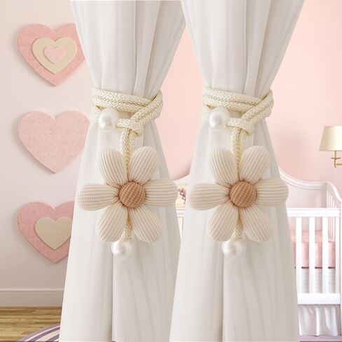 2pcs/1pc 3D Flower Pearl Curtain Tiebacks, Room Decor Mosquito Net Storage Straps, Door Curtain Coffee Screen Ties (2pcs-Beige) in Kuwait