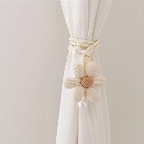 2pcs/1pc 3D Flower Pearl Curtain Tiebacks, Room Decor Mosquito Net Storage Straps, Door Curtain Coffee Screen Ties (2pcs-Beige) in Kuwait