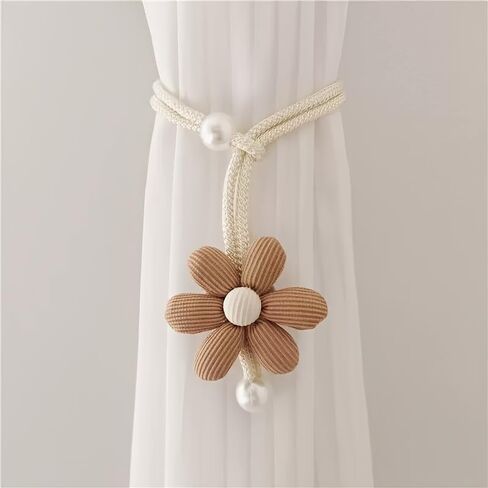 2pcs/1pc 3D Flower Pearl Curtain Tiebacks, Room Decor Mosquito Net Storage Straps, Door Curtain Coffee Screen Ties (2pcs-Beige) in Kuwait