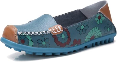 FolHaoth Leather Casual Loafers for Womens Floral Print Non Slip Leather Flat Shoes Comfortable Womens Slip on Walking Driving Shoes in Saudi Arabia