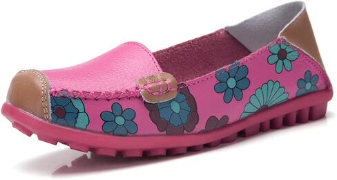 FolHaoth Leather Casual Loafers for Womens Floral Print Non Slip Leather Flat Shoes Comfortable Womens Slip on Walking Driving Shoes in Saudi Arabia