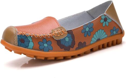 FolHaoth Leather Casual Loafers for Womens Floral Print Non Slip Leather Flat Shoes Comfortable Womens Slip on Walking Driving Shoes in Saudi Arabia
