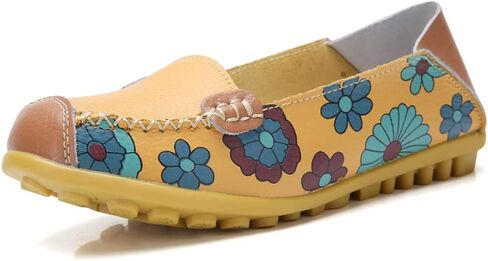 FolHaoth Leather Casual Loafers for Womens Floral Print Non Slip Leather Flat Shoes Comfortable Womens Slip on Walking Driving Shoes in Saudi Arabia