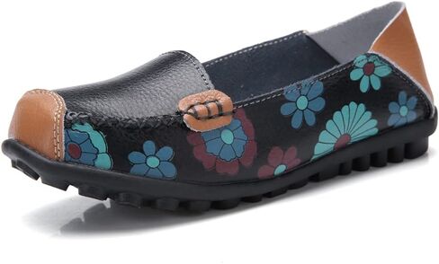 FolHaoth Leather Casual Loafers for Womens Floral Print Non Slip Leather Flat Shoes Comfortable Womens Slip on Walking Driving Shoes in Saudi Arabia