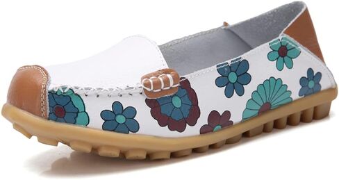 FolHaoth Leather Casual Loafers for Womens Floral Print Non Slip Leather Flat Shoes Comfortable Womens Slip on Walking Driving Shoes in Saudi Arabia