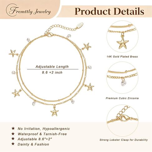 Ankle Bracelets for Women 14K Gold Plated CZ Anklet Waterproof Dainty Layered Summer Beach Foot Jewelry for Women in Saudi Arabia