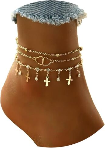 Gold Ankle Bracelets for Women, 14K Gold Plated Anklet Dainty Boho Anklets Set Layered Rhinestone Ankle Heart Cross Evil Eyes Anklet Waterproof Vacation Beach Jewelry Gift for Women in Saudi Arabia