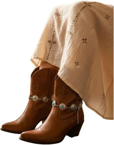 Women 2PCS Boot Bracelet Silver Metal Chain Western Fashion Anklet Shoe Turquoise Beads Flower Charm SET BC98 in Kuwait