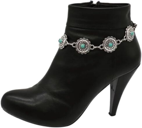 Women 2PCS Boot Bracelet Silver Metal Chain Western Fashion Anklet Shoe Turquoise Beads Flower Charm SET BC98 in Kuwait
