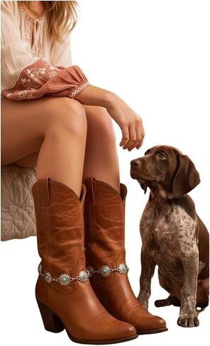 Women 2PCS Boot Bracelet Silver Metal Chain Western Fashion Anklet Shoe Turquoise Beads Flower Charm SET BC98 in Kuwait