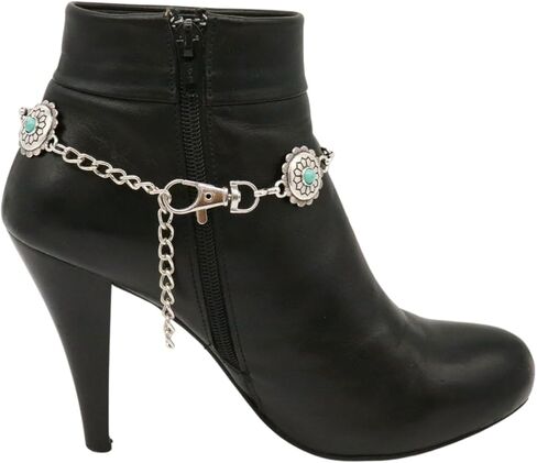 Women 2PCS Boot Bracelet Silver Metal Chain Western Fashion Anklet Shoe Turquoise Beads Flower Charm SET BC98 in Kuwait