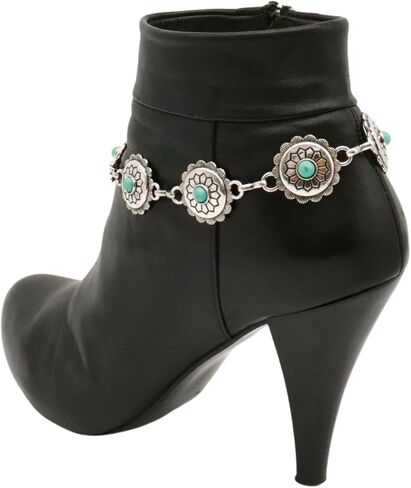 Women 2PCS Boot Bracelet Silver Metal Chain Western Fashion Anklet Shoe Turquoise Beads Flower Charm SET BC98 in Kuwait