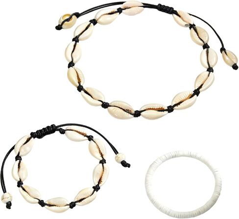 3Pcs Women’s Adjustable Shell Necklace Anklet Set, Beach Shell Handmade braided rope Necklace Bracelet in Saudi Arabia