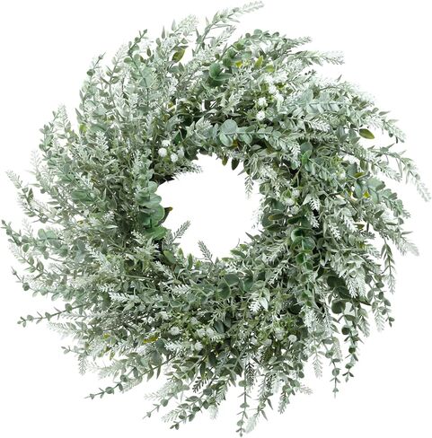 26'' Eucalyptus Wreath for Front Door - Artificial Eucalyptus and White Seeds Greenery with Babys Breath Flowers Outdoor Wreath for Wedding Farmhouse Porch Wall Room Home Decor (White-Green) in Saudi Arabia