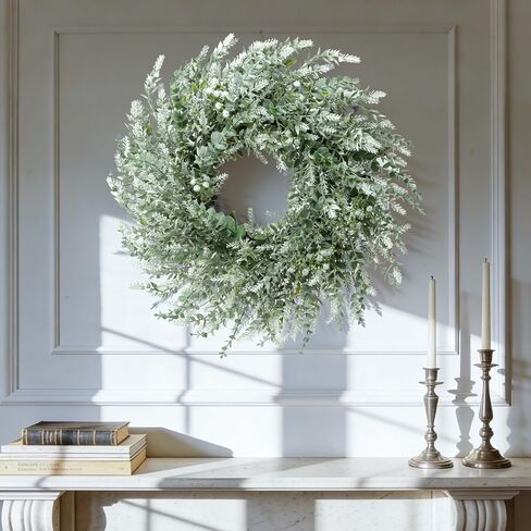 26'' Eucalyptus Wreath for Front Door - Artificial Eucalyptus and White Seeds Greenery with Babys Breath Flowers Outdoor Wreath for Wedding Farmhouse Porch Wall Room Home Decor (White-Green) in Saudi Arabia