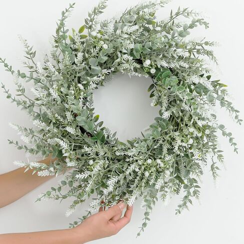 26'' Eucalyptus Wreath for Front Door - Artificial Eucalyptus and White Seeds Greenery with Babys Breath Flowers Outdoor Wreath for Wedding Farmhouse Porch Wall Room Home Decor (White-Green) in Saudi Arabia