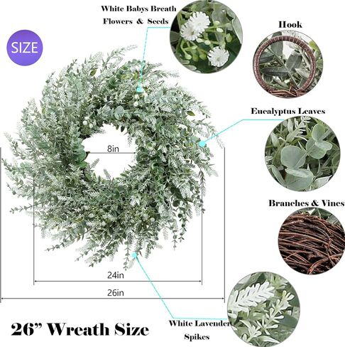 26'' Eucalyptus Wreath for Front Door - Artificial Eucalyptus and White Seeds Greenery with Babys Breath Flowers Outdoor Wreath for Wedding Farmhouse Porch Wall Room Home Decor (White-Green) in Saudi Arabia
