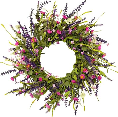 24 Inch Spring Summer Floral Wreath for Front Door, Artificial Colorful Flower Door Wreath with Lavender, Daisies, Eucalyptus & Willow Leaves, Farmhouse Decor for Indoor Outdoor Home, Window, Wedding in Saudi Arabia