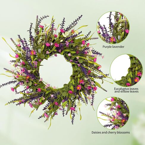24 Inch Spring Summer Floral Wreath for Front Door, Artificial Colorful Flower Door Wreath with Lavender, Daisies, Eucalyptus & Willow Leaves, Farmhouse Decor for Indoor Outdoor Home, Window, Wedding in Saudi Arabia