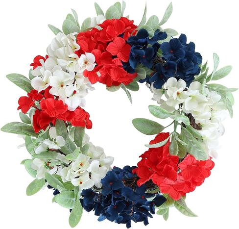 4th of July Wreath,18 Inches Patriotic Wreath for Front Door, Red White Blue Hydrangea Flower Wreaths for American Independence Day Memorial Day Flag Day Indoor Outdoor Decor in Saudi Arabia