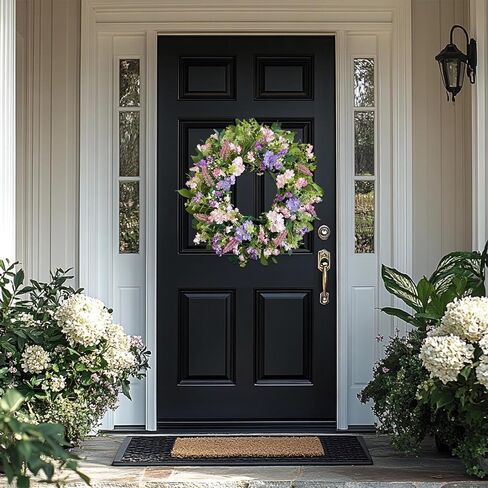 24 Inch Spring Summer Wreaths for Front Door, Purple Pink Hydrangea Wreath with Wildflowers Purple Forsythia, Artificial Silk Floral Wreath Farmhouse Rustic Decor for Outdoor Wall Window Home in Saudi Arabia