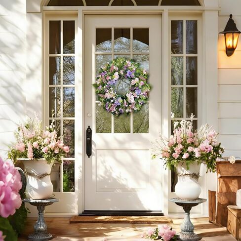 24 Inch Spring Summer Wreaths for Front Door, Purple Pink Hydrangea Wreath with Wildflowers Purple Forsythia, Artificial Silk Floral Wreath Farmhouse Rustic Decor for Outdoor Wall Window Home in Saudi Arabia